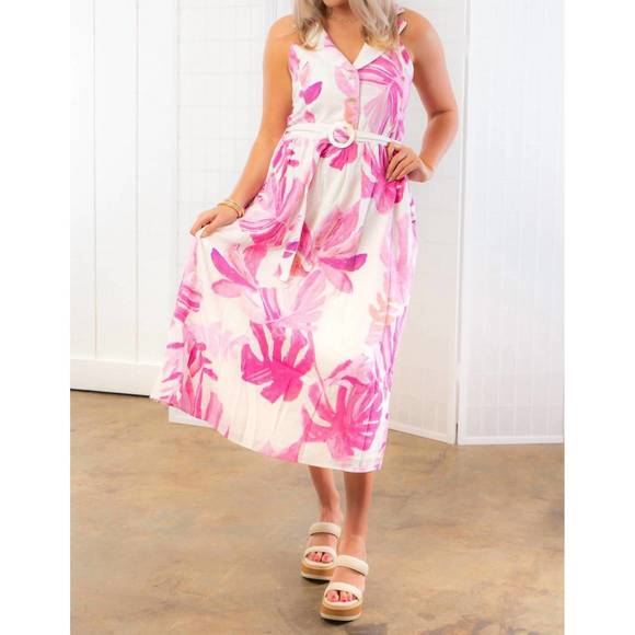 NEW FATE vacay ready palm print midi dress in pink - Picture 1 of 6
